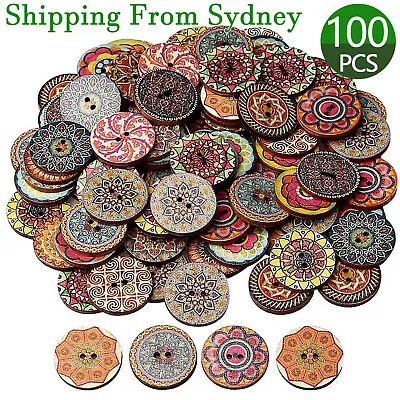 $5.35 • Buy 100 Mixed Vintage Wood Buttons Flower DIY Sewing Craft Buttons 2 Hole Decorative
