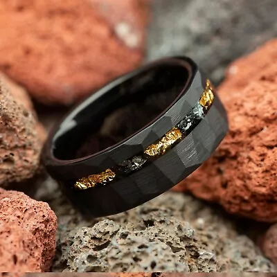 Meteorite & Gold Leaf Hammered Black Tungsten Mens Wedding Ring 8mm Comfort Fit • $149.99