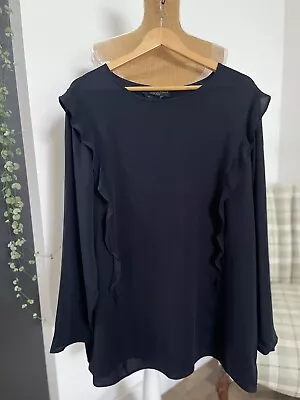 MARINA RINALDI Navy Blue Silk Ruffle Detail Blouse Top Size 20 BNWT • £125