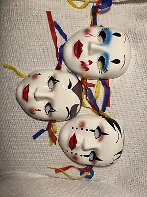 Vintage Decorative Ceramic Porcelin Painted Face Mardi Gras/clown Mask Lot Of 3 • $21
