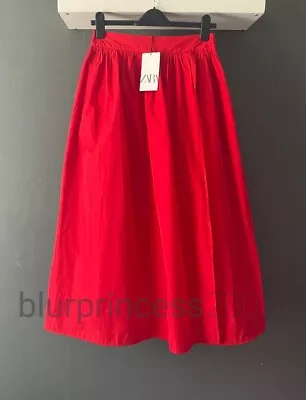 ZARA Voluminous Midi Skirt Long Red Taffeta XS S M High Waisted • £29.99