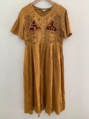 Vintage M.P.H. Sundress Dress Womens Large L Embroidered Button Front Boho Brown • $14.75