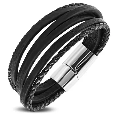 Stainless Steel Silver-Tone Black Leather Wristband Bracelet 8.75  • $19.99