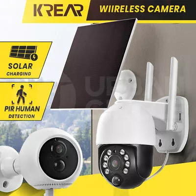 Krear Security Camera Wireless IP WiFi CCTV PTZ  Solar Panel Outdoor Flood Light • $70.95