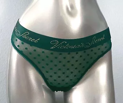 Victorias Secret New Dark Garden Green Dot Shimmer Logo Thong Panty Small S • $9.38