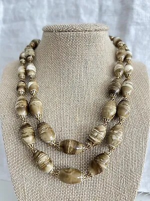 Vintage TRIFARI 2 Strand Bead Necklace Marbled Goldtone Statement Runway • $24