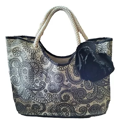 Black Paisley Tote Rope Handle Jute Bag Flower Pin Accent • $16.98