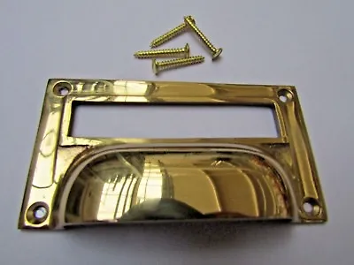 SOLID BRASS VICTORIAN Cupboard Filing Cabinet Card Label Holder Cup Pull Handle • £7.99