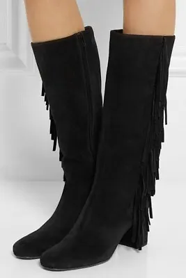 Saint Laurent Nero Suede Fringe Trim Boots In Black Size EU 37.5 UK4.5AU6.5 • $220