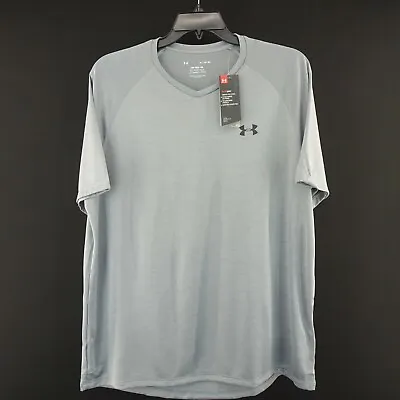 NWT Men Under Armour Heatgear Gray V Neck Performance Shirt Run Gym Sport Casual • $15.50