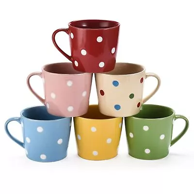 Polka Dot Coffee Mugs Set Of 6 - Flat Bottom Wide Mouth Oversized Coffee Mug • $33.99