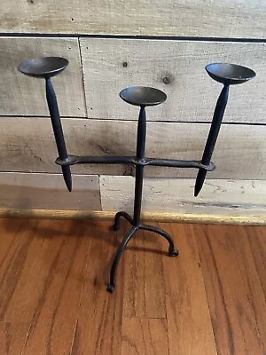 Vintage Cast Iron Candelabra Black Three Candle Holder 15  Tall • $27.99