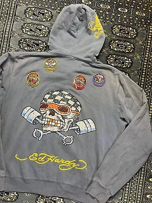 Vtg Ed Hardy Y2K Full Zip Hoodie Size 2XL Rhinestones Skull Embroidered • $149.99