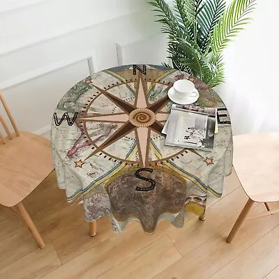 Nautical Map World Compass Rose Travel Round Tablecloth 60 Inch Fabric Dining Ta • $22.67