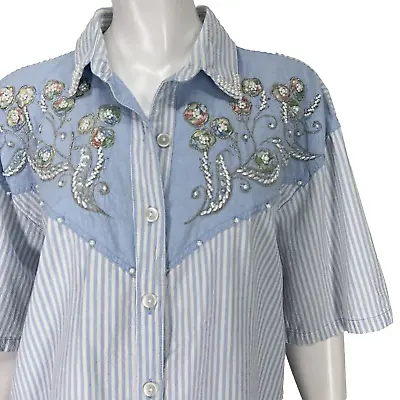 Vintage 90's Striped Floral Shirt Womens Large Faux Pearls Cottagecore Indie L • $16.19