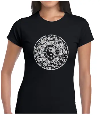 Ancient Chinese Zodiac Ladies T Shirt Tee Yin Yang Spiritual Yoga Design Mandala • £7.99