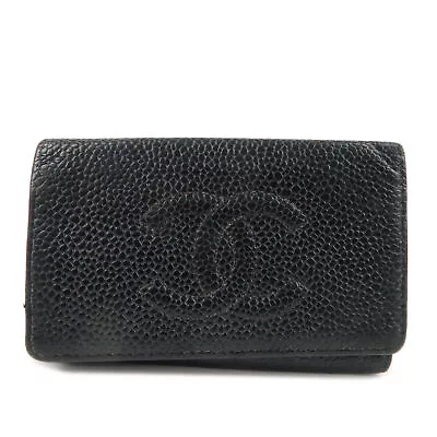 Authentic CHANEL Caviar Skin Coco Mark 6 Ring Key Case Black A13502 Used F/S • $150