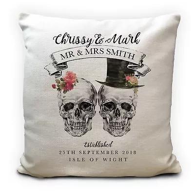 Personalised Wedding Skulls Cushion Cover - Mr Mrs Gothic Home Decor Gift 16  • £14.99