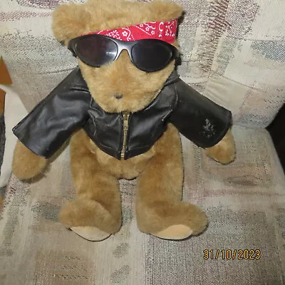 VTG Vermont Teddy Bear Co Jointed 15'' Handmade Plush Bear W/ Motorcycle Jacket • $45