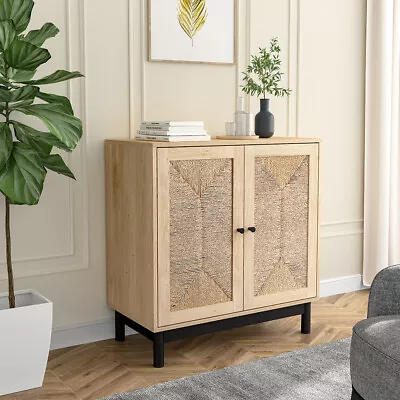 Grass Woven Double Door Cupboard Sideboard Chest Of Drawers Storage Cabinet Unit • £59.95