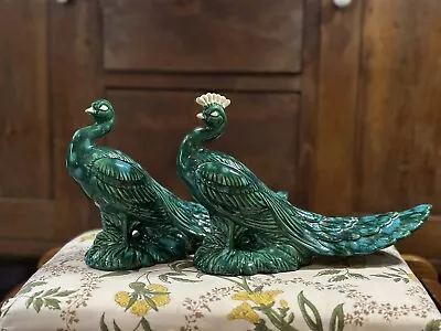 $21 • Buy 2- Vintage PEACOCK HAND PAINTED CERAMIC VIBRANT BLUE GREENS TEAL METALLIC PAINT