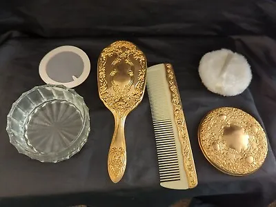 Vintage Brass (?) Brush Mirror Comb Powder Dish Vanity Set Looks Unused • $74.95