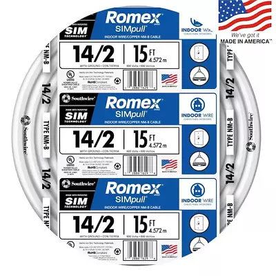 Southwire 15-ft 14/2 Romex SIMpull Solid Indoor CU NM-B W/G (By-the-roll) • $16.75