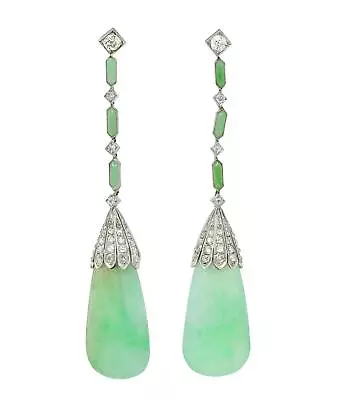 Art Deco French 1.55 CTW Diamond Carved Jade Platinum Vintage Drop Earrings • $12925