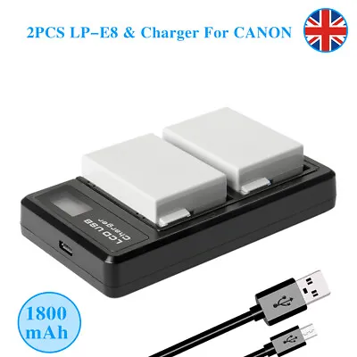 2× LP-E8 Battery + Charger For Canon EOS 700D 600D 550D Rebel T3i T4i Kiss X4 X5 • £23.92