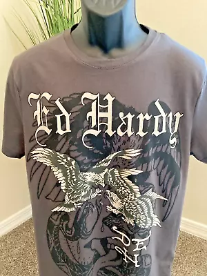 New Mens Medium Charcoal Grey Ed Hardy Fighting Eagles Graphic T Shirt • $25.46