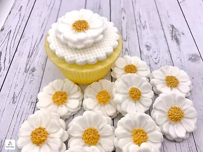 24 Edible White & Gold Flowers Sugar Fondant Cupcake Toppers Baby Shower Wedding • £9.99