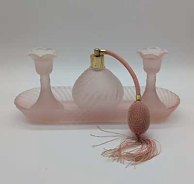 Vintage Pink Satin Frosted Glass Dresser Vanity Set Perfume Bottle W/ Atomizer • $46.99