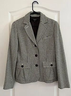 Talbots Houndstooth Blazer Women’s Jacket Brown Green Wool Blend Leather Buttons • $25