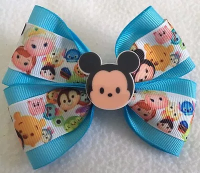 Girls Hair Bow 4  Wide Tsum Tsum Aqua Blue Mickey Mouse Flatback French Barrette • $6.99