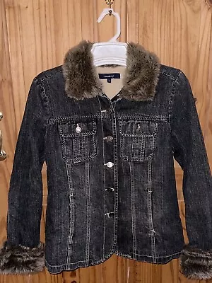 CASUAL CLUB Fleece Lined FAUX FUR TRIM  DENIM JACKET Size 10 • £10