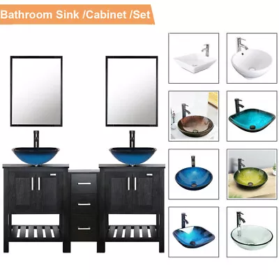 60  Black Bathroom Vanity Set Mirror Side Cabinet Vessel Glass/ Ceramic Sink • $164.99