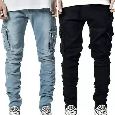 Mens Slim Fit Jeans Stretch Cargo Denim Pants Pocket Skinny Casual  Trousers • $38.89