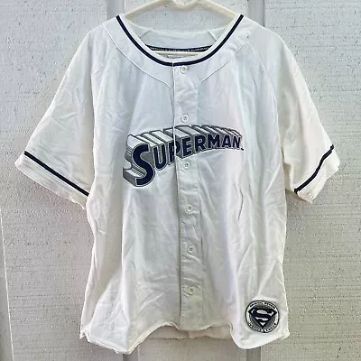 Vintage Superman Mens Baseball Jersey L White Button Up Warner Bros Stitch 90s • $25