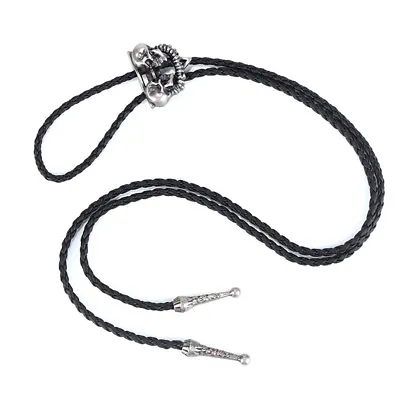 Western Cowboy Skull Head Rodeo Bolo Tie Necktie Bootlace Leather Necklace • £6.91
