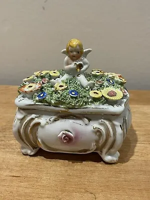 Cupid Trinket Box W/Lid Cherub Angel Moss Flowers Glazed Porcelain Japan Vtg • $38