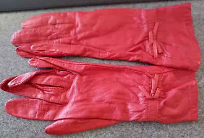 Vintage Women’s Red Leather Silk Lined Aris Gloves Size 7-1/2 Bow Detail • $15
