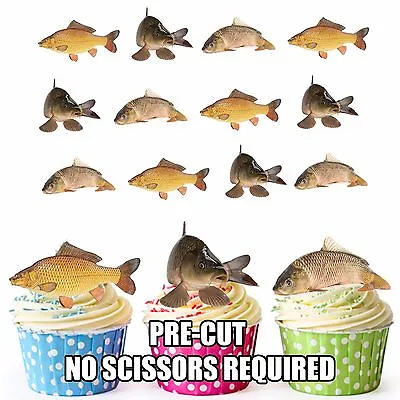 PRE-CUT Fishing Carp Fish Edible Cup Cake Toppers Decorations (Pack Of 12) • £3.99