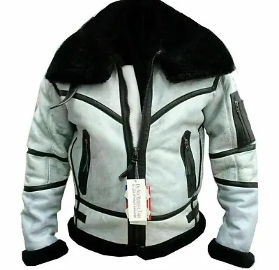 Mens RAF Aviator B3 Bomber Flying Pilot White Sheep Skin Leather Jacket Coat New • $295.58