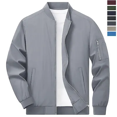 Men's Thin Bomber Jacket Full-Zip Lightweight Spring Autumn Casual Baseball Coat • £35.98