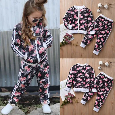 $26.39 • Buy Girls Kids Baby Zipper Floral Tops Jacket Coat Pants Outfits Tracksuit 2-7Y Age