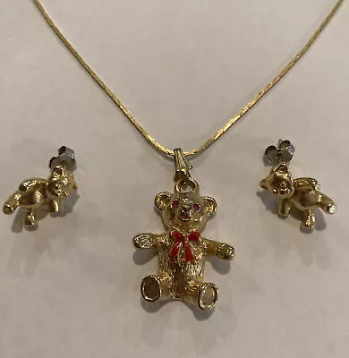 Vintage Gold Tone Child’s Bear Pendant Necklace W/ Earrings • $20