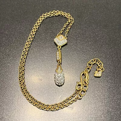 Swarovski Pave Crystal Drop Necklace Signed Gold Plated 18” Vintage 6 • $49.99