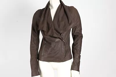 VINCE Brown Leather Draped Zip Motorcycle Jacket Size XS • $259.99