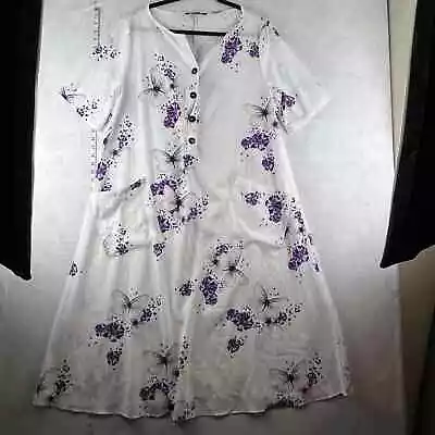 C.O.Z.Y. Women's XXL Maxi Kaftan Dress White Purple Butterflies Floral Pockets • $25