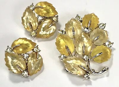 Vintage Lisner Yellow Lucite Leaf &  Rhinestone Brooch Pin & Clip On Earrings • $24.99